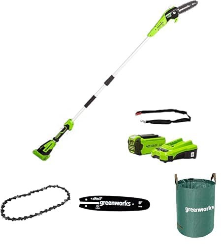 Greenworks Akku Hochentaster,20 cm Blattlänge,40V 2Ah Akku & Ladegerät + Greenworks 20cm Sägekette + Greenworks 20cm Führungsschiene für Kettensäge + Greenworks 120l Gartenabfallsack