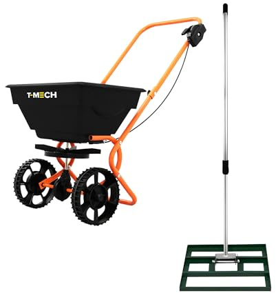 Niveleur de Pelouse & Épandeur Rotatif 50cm x 32cm (Vert) Engrais Râteau Nivellement Jardin Lute Manche Extensible 1,15-1,9m Prise Facile Capacité 25kg Gravier Sable Graine Housse De Pluie & Gants
