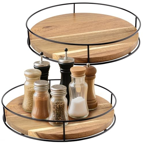 FAAING 2 stycken 25 cm trä Lazy Susan roterande tallrik, 360° vridbar tallrik rund kök trä kryddhylla arrangör roterande tallrik för skåp, skafferi, kylskåp