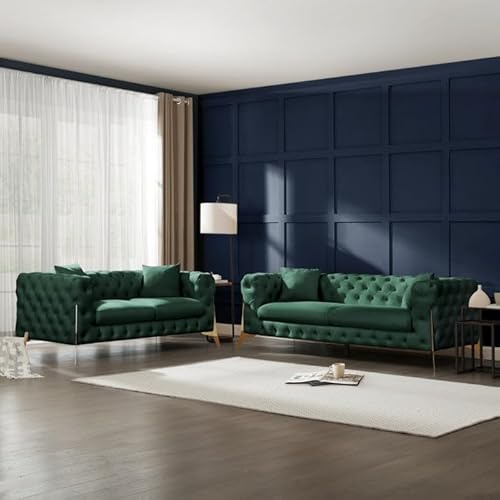 Snooze Luxury Plush Chesterfield Sofas and Couches - 3+2Seater Sofa set, Arm chair – Tufted Cushions with Sturdy and Durable Gold Legs (Green Plush, 2+3 Seater)