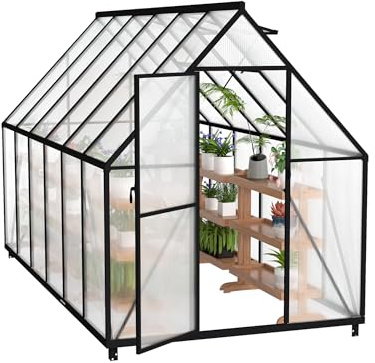 YRHome Premium växthus aluminium 340 x 180 x 195 cm 6,12 m² gångbart trädgårdsväxthus med förstärkt fundament och takfönster och dörr, väderbeständigt och temperaturbeständigt för tomater, grönsaker