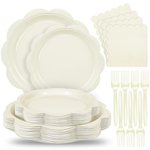 Houuqe 96 Pcs Ivory Paper Plates and Napkins Set Party Supplies, Tableware set for 24 Guest include Disposable Ivory Scalloped Plates, Napkins and Forks for Baby Shower Bridal Shower Wedding