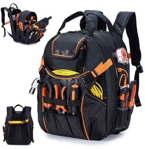 BAGZY 40x30x20cm Sac à Dos Outils 1680D Sacs Porte-outils Pour Homme 52 poches Sacoche Electricien Entièrement Ouvert Backpack avec USB Sacoche Base Rigide Sac Outillage Charpentier Randonnée Orange