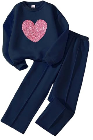 Kids Tracksuit Set Girls Age 5-6 Years Long Sleeve Crop Top Pullover Sweatshirt and Trousers Clothing Sets for Girls Trendy Spring Winter Cute School Casual Jogging Sport Streetwear (Navy,6-7 Years)