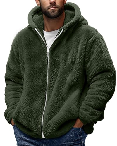 Generico Giacca Pile Uomo con Zip,Felpa Pile Teddy Uomo Maniche Lunghe con Cappuccio E Cerniera Intera Caldo Giacche Tinta Unita in Morbido Peloso Termica Cappotto Casual Invernale Outdoor