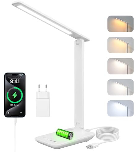 Carehabi Lampada da scrivania a LED, lampada da tavolo dimmerabile, lampada scrivania a LED ricaricabile con 5 colori e 5 livelli di luminosità, con porta di ricarica USB, controllo touch
