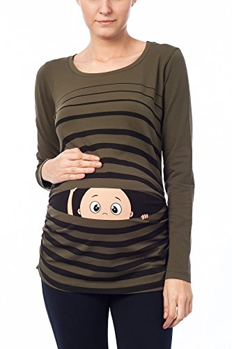 Vêtement de Maternité Humoristique T-Shirt Mignon à Motifs Cadeau pour Grossesse Femme Humour Tee Haut Vetement de Maternite à Manches Longues (Kaki, Small)