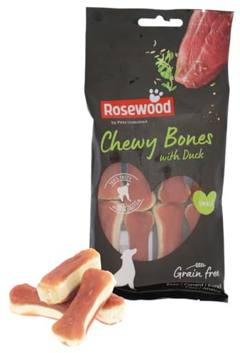 Rosewood Chewy Bones - Rinderhaut-Kauknochen mit Entengeschmack für kleine Hunde - Getreidefreie und glutenfreie Zahnpflege Snacks, ohne künstliche Zusätze, 80g
