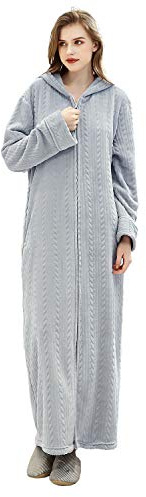 Hellomamma Long Hooded Zipper Bathrobe for Womens Flannel Fleece Robes Winter Warm Housecoat Nightgown Sleepwear Pajamas Light Grey L-XL
