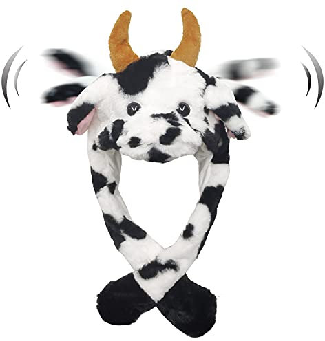 Tocwick Kuh Hut Kostüm mit beweglichen Ohren Kurz Plüsch Cartoon Hut Tierförmige Kappe Weich Warm Winter für Festival Cosplay Jungen Mädchen Erwachsene, Schwarz