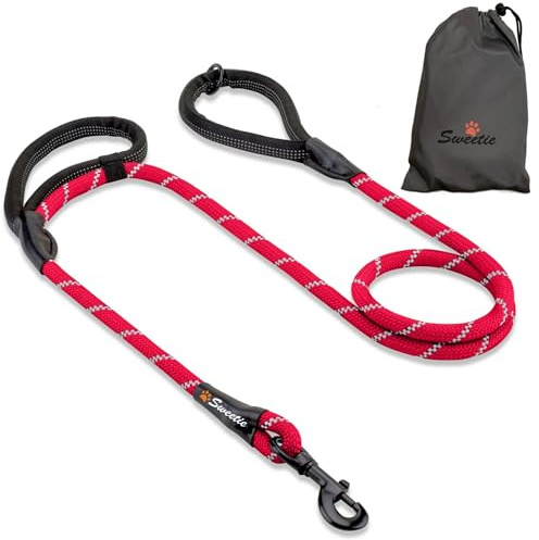 Sweetie Guinzaglio Cane Corda Nylon 1,5 m – Anti Tiro, Doppio Manico Bungee, Regolabile – Guinzaglio in Corda per Cani Grandi e Piccoli – Moschettone 360° – 10 Colori - Rosso