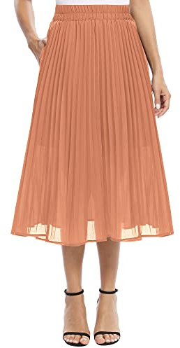 EXCHIC Damen Fließender Chiffon Elastisch Taille Midi Rock Freizeit A-Linie Knielange Falten Rock mit Tasche (L, Lachsrot)