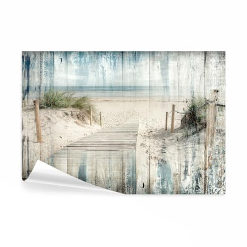 decomonkey Fototapete Strand Holzoptik 300x210 cm Tapete Fototapeten Vlies Tapeten Vliestapete Wandtapete Moderne Wand Wandbild Schlafzimmer Wohnzimmer Meer Dünen Natur Büro Flur Blau Beige