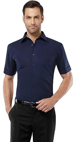 Vincenzo Boretti Camicia Uomo Eleganti, Taglio Aderente/Slim-Fit, Collo Classico, Manica Corta, in Tinta Unita - Non Stiro/Non-Iron Blu Scuro 37-38
