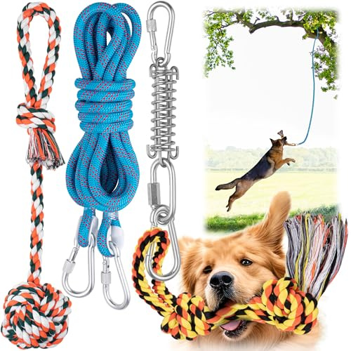 Yes4Quality Jouet élastique à suspendre pour chien - Corde interactive bleue avec kit de ressorts en métal et 2 jouets en corde - Équipement d'exercice robuste pour chiens