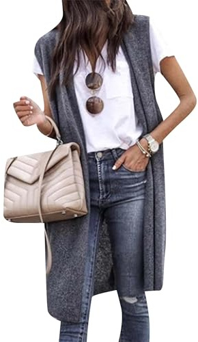 EFOFEI Donna Plain Blazer Gilet Semplice Elegante Allentato Gilet Senza Maniche Maxi Boyfriend Cardigan Grigio Scuro M
