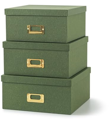 Soul & Lane Green Kraft Paper Boxes for Storage - Set of 3 Square Stacking Boxes with Lids and Gold Label Holders, Decorative Photo Storage, Nesting Cardboard Set for Decor and Organizing