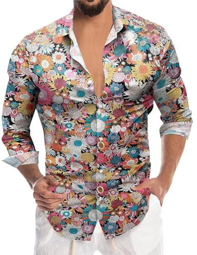 Caxndycing Chemise hippie des années 70 pour homme - Manches longues - Chemise hawaïenne - Chemise de loisirs - Coupe droite - Chemise d'affaires - Chemise à manches longues boutonnée - Chemise de