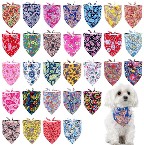 Pai Sence 30 Pack Paisley Dog Bandanas for Small Dogs Stitch Bandanas Bulk Reversible Polyester Print One Side Dog Bandana Party Grooming S