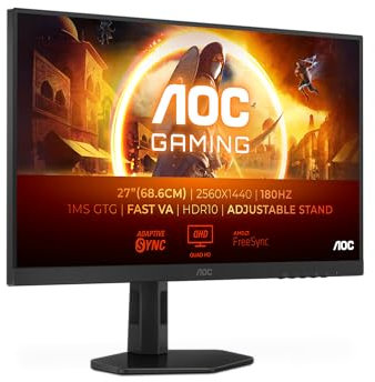 AOC Gaming Q27G4XD - 27 Inch Quad HD Monitor, 180 Hz, 1 ms, FreeSync. Prem., G-Sync comp., HDR400 (2560x1440, 2X HDMI 2.0, 1x DisplyPort 1.4), Black