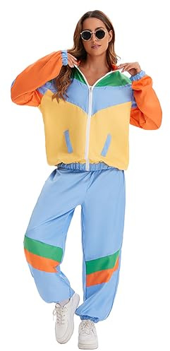 Velcoxplay Costume des années 80 pour femme - Survêtement disco - Rétro des années 80 et 90 - Veste - Pantalon - Style jogging pour carnaval - Taille XXL