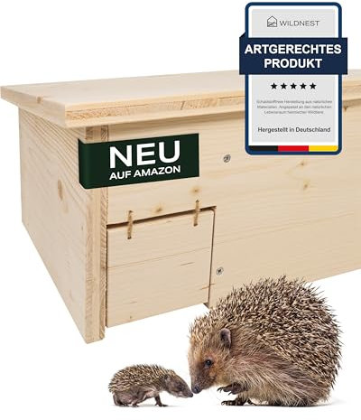 Wildnest Igelhaus Standard – wetterfestes Holzhaus für Igel im Garten mit Rattenklappe – handgefertigt in Deutschland von Menschen mit Behinderung (44 x 43 x 32 cm)