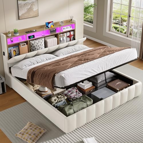 KIMENICH Bett mit LED Beleuchtung, Hydraulisches Bett 160 x 200 cm, Polsterbett, Regalkopfteil mit Stauraum, Bettgestell mit Lattenrost, bequem, für Schlafzimmer, Gästezimmer, PU Weiß