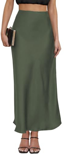 Women's Satin Maxi Skirt High Waisted Elastic Waistband Silk A-Line Casual Party Leopard Print Long Skirts for Women, Olive, L