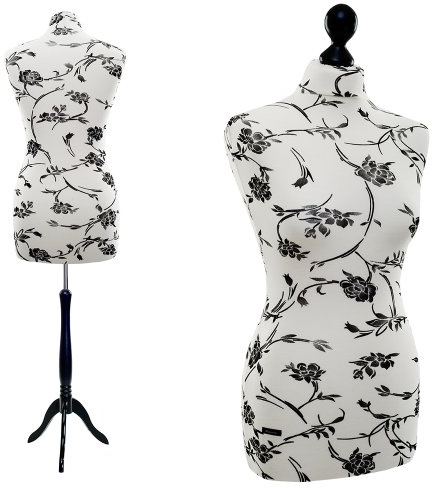 Manichino LUCCESI | Prezzo di lancio! | Taglie S - XL (Donna) | Taglia busto: XL (44-46) | Rivestimento intercambiabile Crema-Bianco/Fantasia floreale (Nero) | Supporto nero | Manichino da donna