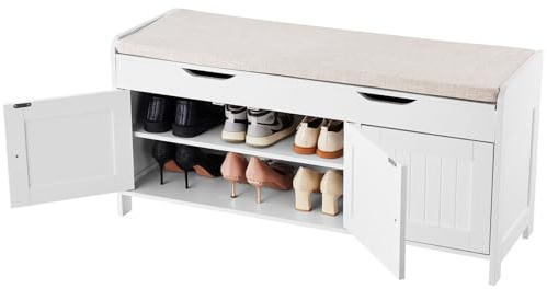 VEVOR Banc à chaussures 105x35x50,3 cm, banc entrée avec 3 armoires, étagère réglable en hauteur, rangement à plateau relevable, coussin assise,113,4 kg, pour chambre à coucher, couloir, blanc et gris