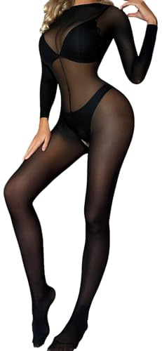 PARUPRUP Women’s Long Sleeve Bodystocking Bodysuit Sexy See Through Mesh Full Body Fishnet Lingerie Body Stockings Stretchy Bodycon Babydoll Nightwear Tights Jumpsuit Underwear One Size