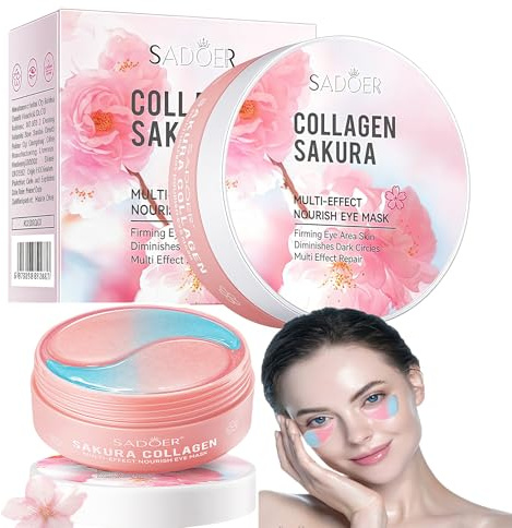 SDSM 60 almohadillas para los ojos contra ojeras, máscaras de ojos de flores de cerezo, hialurónico y colágeno, parches para los ojos, hidrogel de hialurónico, almohadillas para ojos
