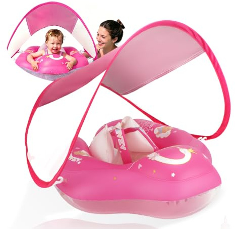 WYRIAZA Salvagente Neonato con Parasole Rimovibile SPF 50+ Salvagente con Seggiolino di Sicurezza Ciambella Neonato Mare Bambino 1 2 3 anni (L 6-36Mesi 8-16Kgs)