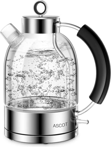 ASCOT Wasserkocher Glas, Elektrischer Wasserkocher Geschenke für Männer/Frauen/Familie 1,5L Schnellkochkessel, Trockengehschutz und automatische Abschaltung (Silber)