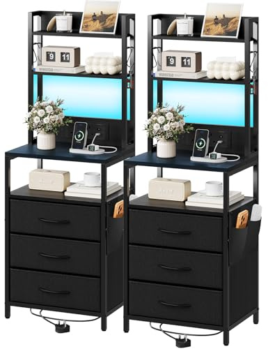 Dripex Bedside Table Set of 2 with LED Lights and Charging Station, Nightstand with 3 Fabric Drawers and Metal Frame, Slim Bedside Cabinet with Open Shelf, Side Table for Bedroom, Living Room (Black)
