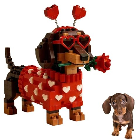 Set di mattoncini esclusivo per San Valentino 2026 a forma di bassotto, set di costruzioni 3D fai da te a forma di bassotto, statuetta di cucciolo con design a cuore, modello di cane (1Pcs)