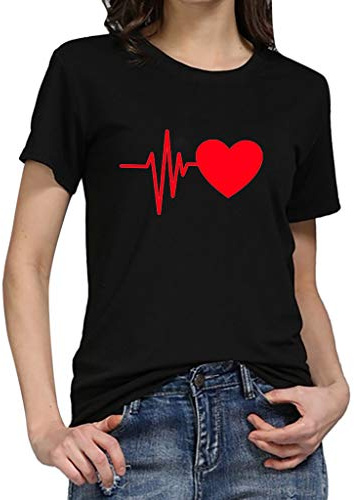 T Shirt Damen Casual O-Ausschnitt Top für Frauen locker Kurzarm Herzdruck, c, 3XL