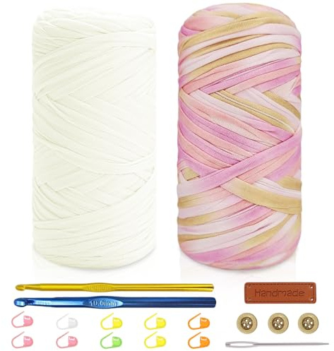 Tshirt Yarn Crochet Kit 2x200g Chunky Yarn for Crocheting with 6mm & 10mm Hooks + Accessories, Rich Color Combinations - Suitable for Beginners, Ideal for Making Bags, Home Decor（White-2）