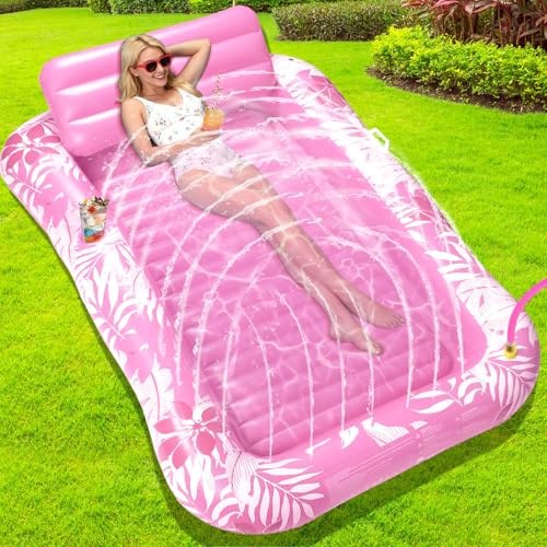 EFFILUMLUX Matelas Gonflable Piscine avec Arroseur, Hamac Gonflable Piscine avec Coussins Et Porte-Gobelets, Imprimé Matelas De Bronzage 210 * 130 cm pour Piscine, Jardin, Pelouse Et Plage