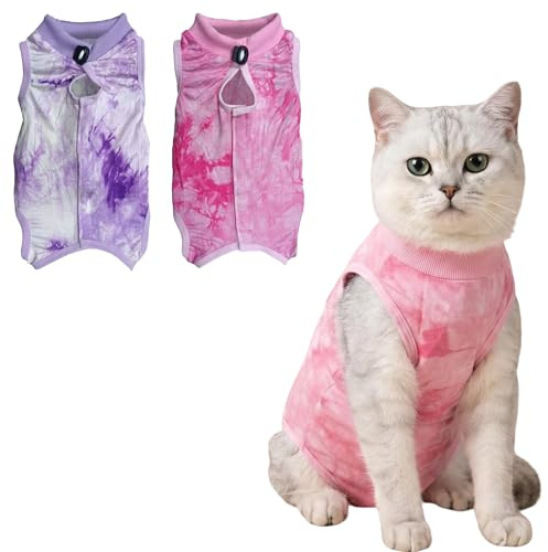 2 Pack Cat Recovery Suit, M Size Anti-Licking Bodysuit & Cat Surgical Recovery Suit, Breathable Cats Onesie Post Surgery with Adjustable Drawstring, Cone of Shame Alternative