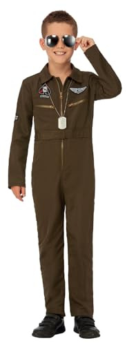 SMIFFYS Costume da aviatore Top Gun Maverick per bambini, verde, con tuta intera e distintivi intercambiabili Halloween