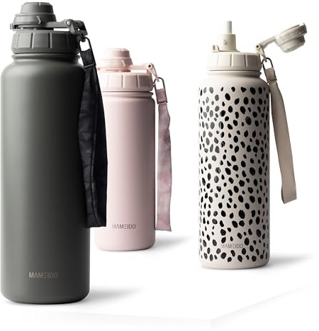 MAMEIDO Thermosflasche mit Strohhalm 1,2 l, auslaufsichere Trinkflasche Edelstahl isoliert, Wasserflasche BPA-frei mit Trageschlaufe, Water Bottle Sport (Vintage Vogue)