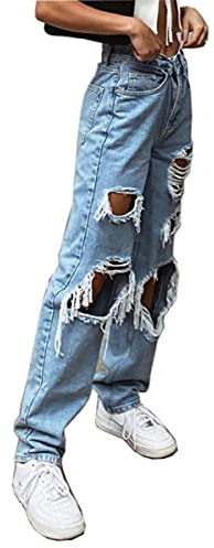 Vaqueros Rotos de Mujer Jeans Rasgados Pantalones Rectos de Denim para Mujer Vaqueros de Color Sólido con Bolsillos