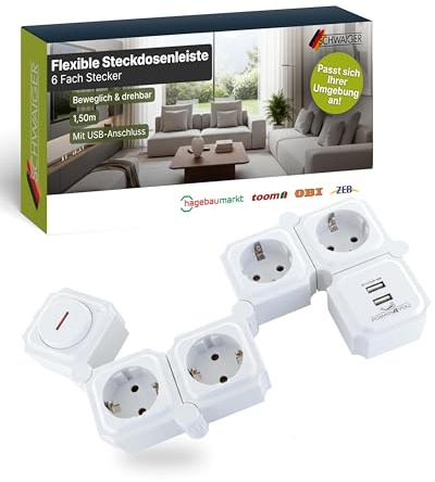 SCHWAIGER Flexible Steckdosenleiste mit USB I 4-Fach Mehrfachsteckdose + 2× USB-A I bewegliche Steckerleiste mit 180° drehbaren Modulen I Mehrfachstecker mit Schalter & 1,5 m Kabel
