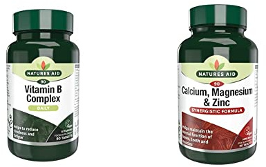 Natures Aid Vitamin B Complex, Suitable for Vegans, 90 Tablets & Natures Aid Calcium, Magnesium and Zinc, Maintain Normal Bones, Teeth and Muscle Function, Vegan, 90 Tablets