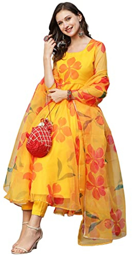 ANNI DESIGNER Women's Organza Anarkali Floral Printed Kurta with Pant & Dupatta (BHUJ)