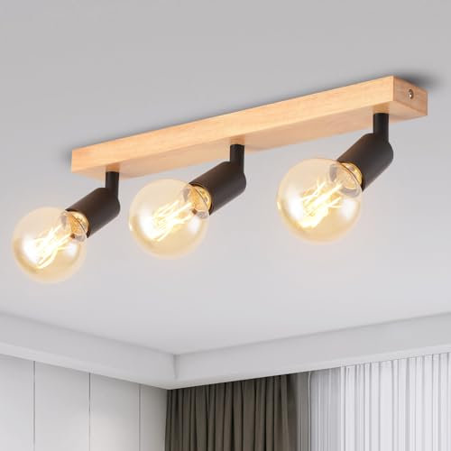 ANWIO Holz Deckenstrahler Schwarz 3 Flammig, Deckenlampe E27 Wohnzimmer Deckenleuchte Vintage Wandlampe für Wohnzimmer Schlafzimmer Küche (Ohne Leuchtmittel) EUC-EA190812-27-03RB-1U