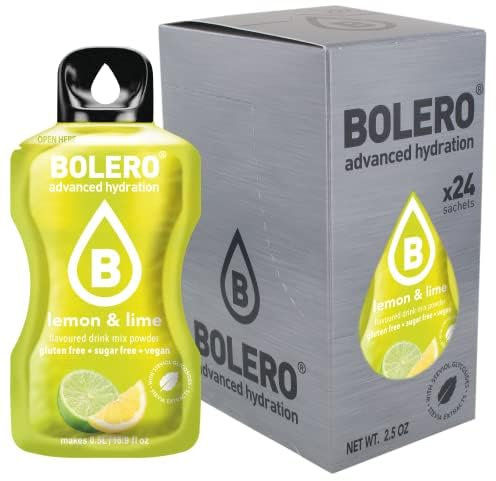 Boléro LEMON & LIME 24x3g | Jus en poudre sans sucre, édulcoré à la stévia + vitamine C | pour enfants et sportifs | sans gluten, végétalien | saveur citron et citron vert