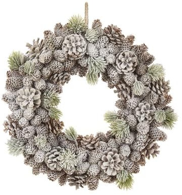 Nuvole di Stoffa Ghirlanda natalizia per porta con pigne innevate bianca, fuoriporta per esterno retrò, vintage D40 cm