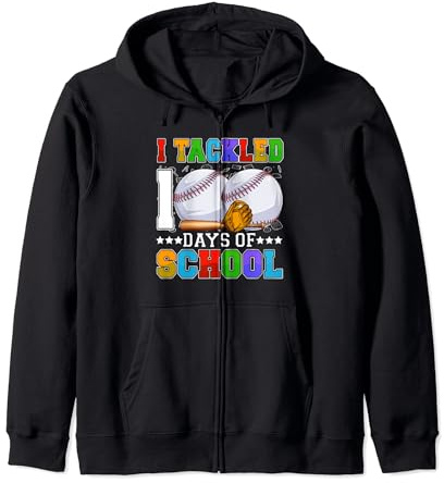 I Tackled 100 Days Of School Baseball Balls Bat & Helmet Boy Zip Hoodie